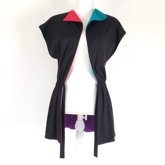 Handmade SIZE XS Color Block REVERSIBLE Black Colorful Cardigan Women Open Front - Picture 6 of 10